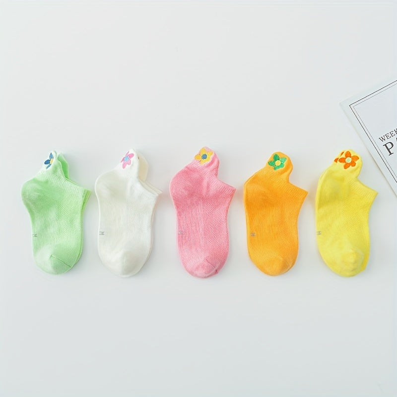 5 Pairs Girls Kids Flower Embroidered Ankle Socks for Spring Summer, Ages 1-11