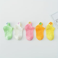 5 Pairs Girls Kids Flower Embroidered Ankle Socks for Spring Summer, Ages 1-11