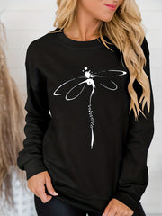 Dragonfly Print Pullover Sweatshirt Crew Neck for Fall & Winter