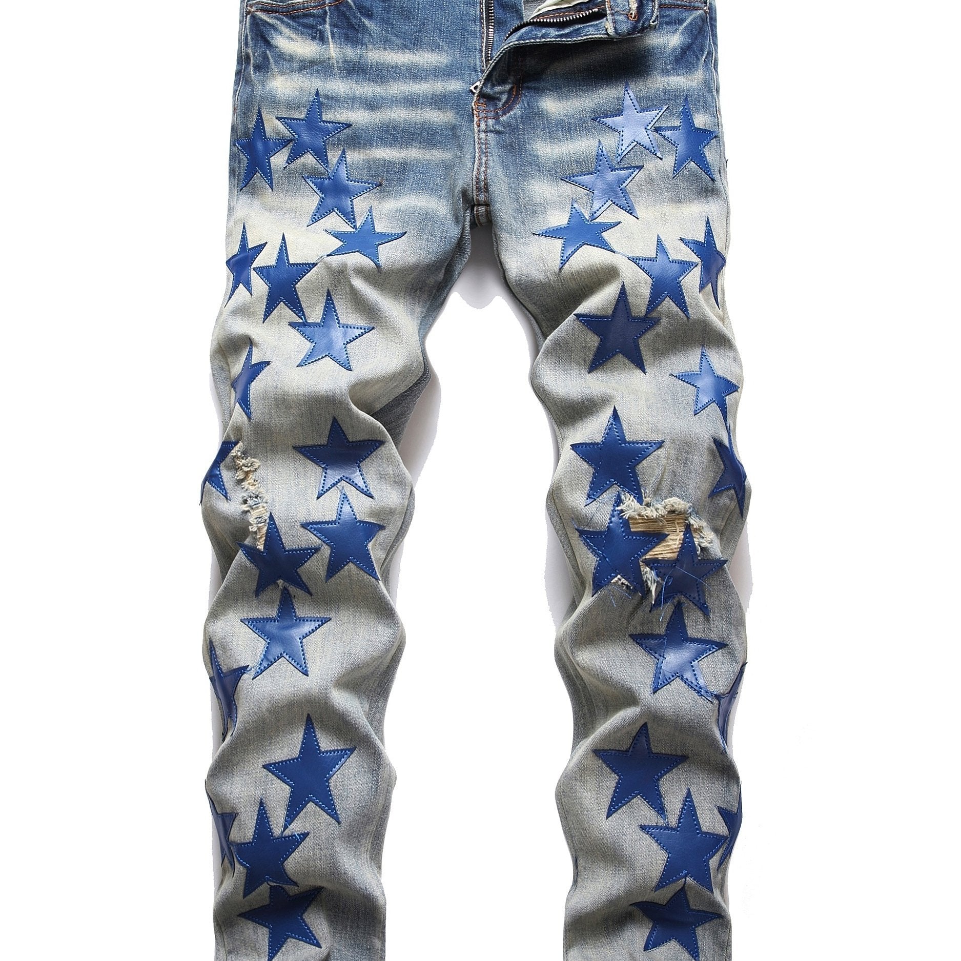 Men's Star Pattern Jeans Punk Style Ripped Denim Pants Outdoor Wear