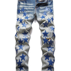 Men's Star Pattern Jeans Punk Style Ripped Denim Pants Outdoor Wear