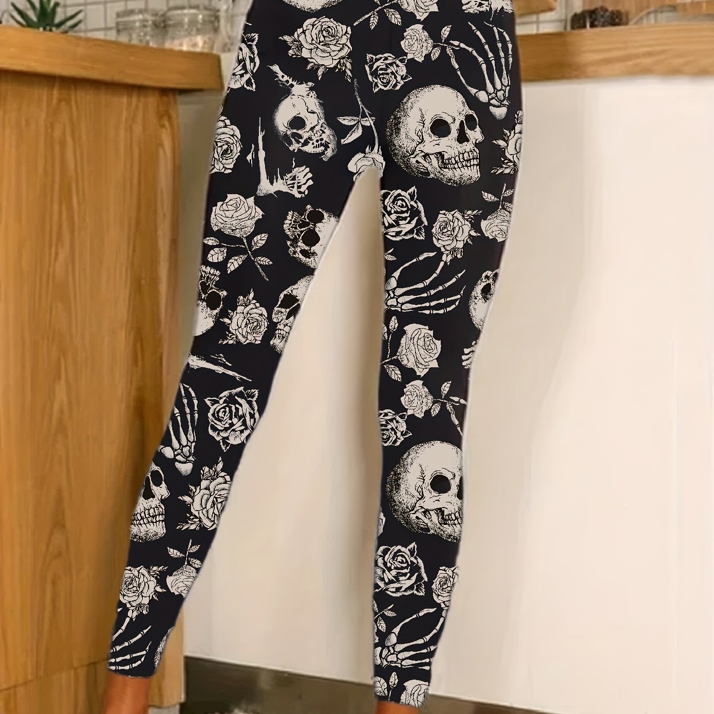 Floral & Skull Print Skinny Leggings Casual Stretchy Leggings