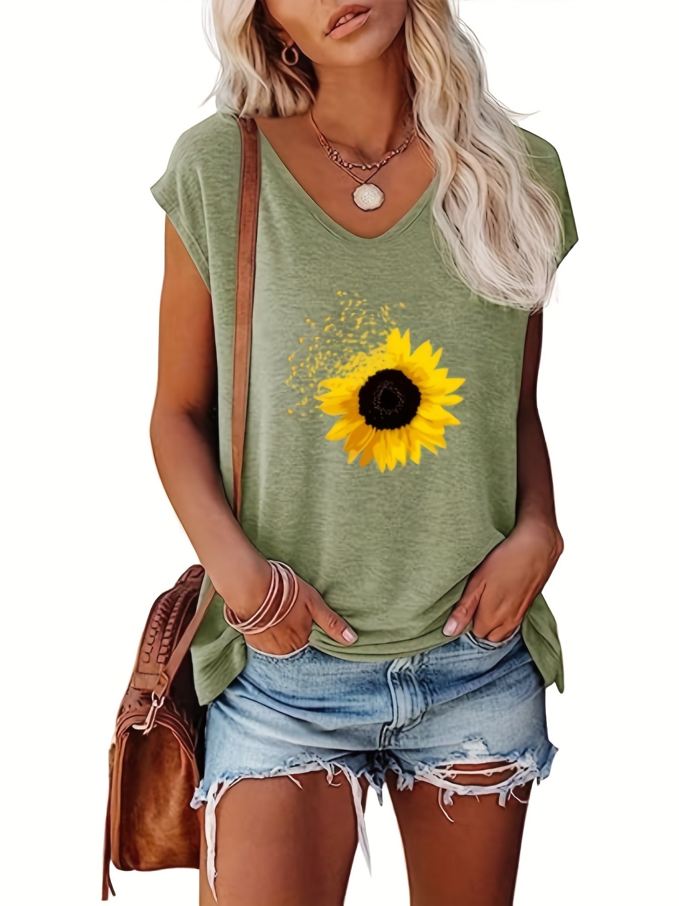 Sunflower Print Cap Sleeve Top V Neck Summer Top