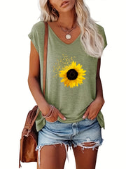 Sunflower Print Cap Sleeve Top V Neck Summer Top