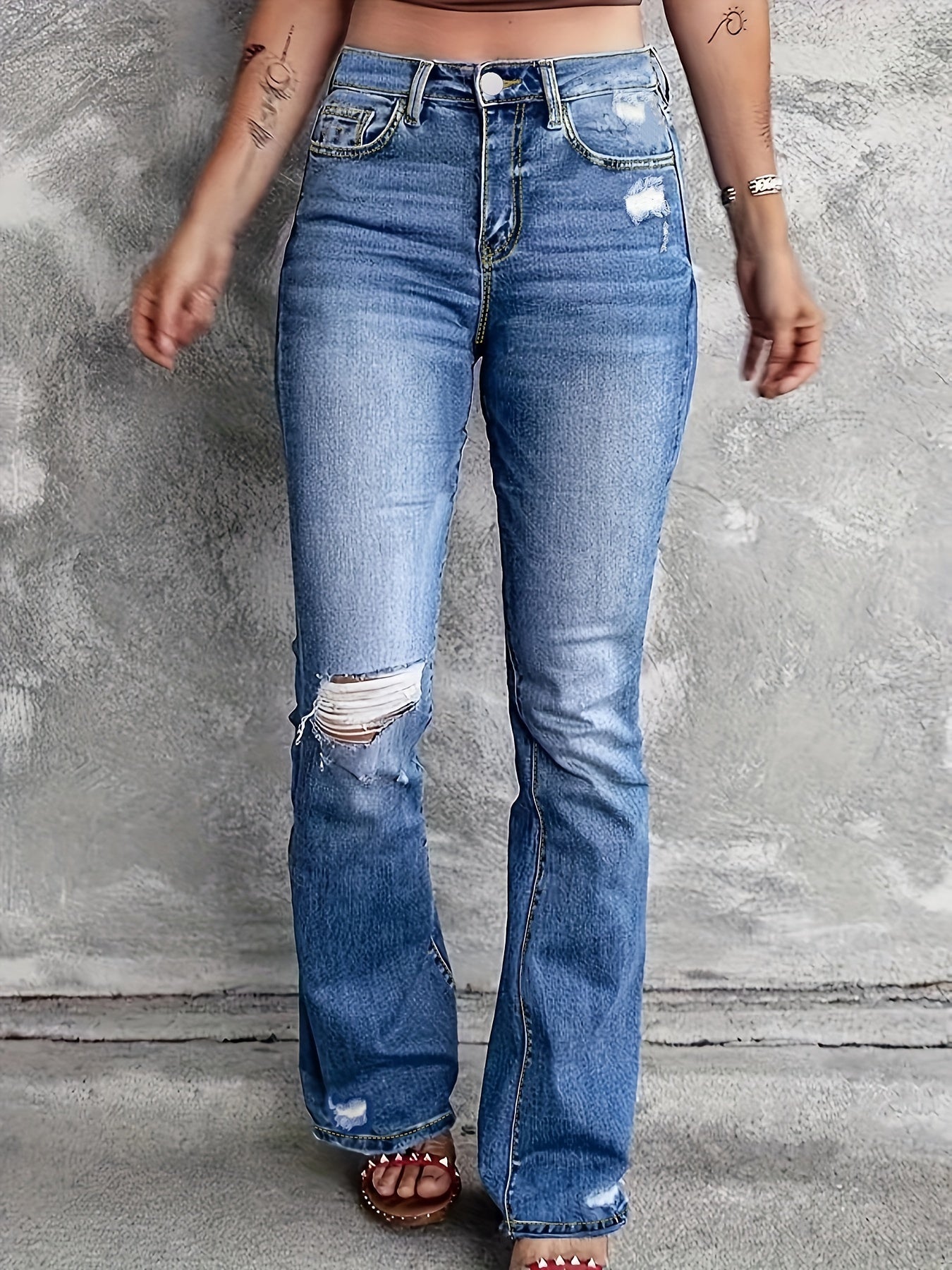 Ripped Button Fly Flared Leg High Stretch Washed Denim Pants