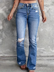 Ripped Button Fly Flared Leg High Stretch Washed Denim Pants