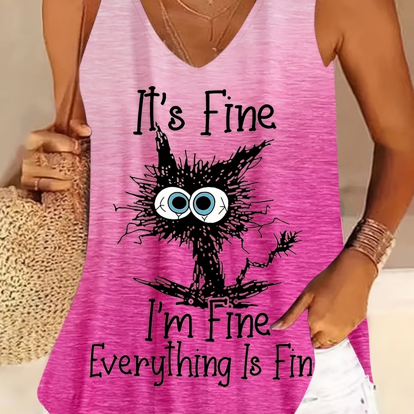 Casual Tank Top Women's Plus Slogan & Ombre & Cat Print V Neck Tank