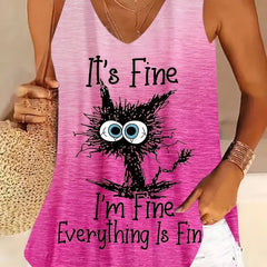Casual Tank Top Women's Plus Slogan & Ombre & Cat Print V Neck Tank