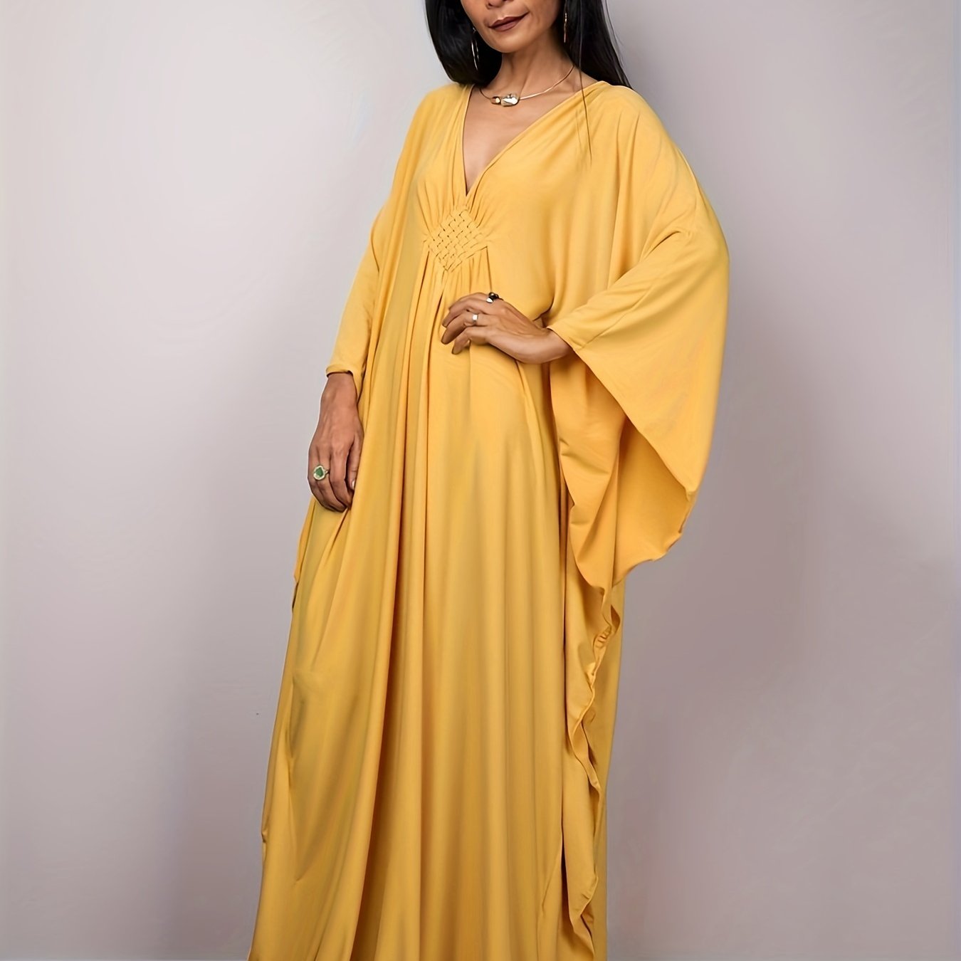 Boho Cover Up Women's Solid Batwing Sleeve V Neck Maxi Beach Cover Up