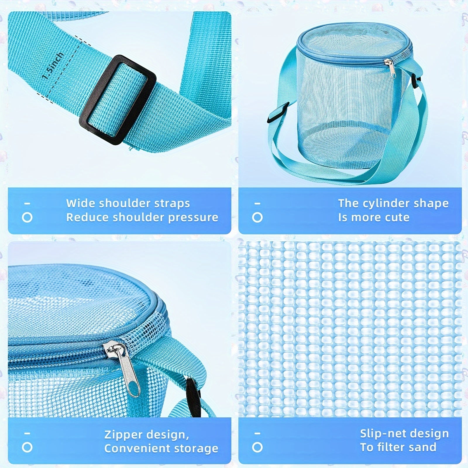 4pcs Beach Toys Mesh Bag Shell Collecting Bag Adjustable Straps Zipper