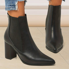 Women's Block Heel Ankle Boots Pointed Toe Slip On Faux Leather Shoes