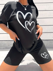 Hearts Print 2pc Shorts Outfit Short Sleeve T Shirt & Shorts Set