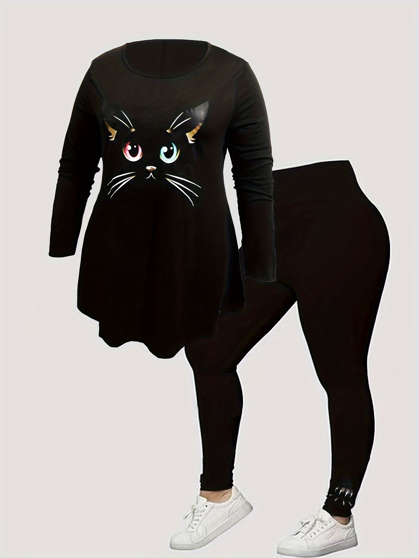 Women's Plus Cat Print Long Sleeve Top & Leggings Outfits Set