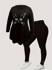 Women's Plus Cat Print Long Sleeve Top & Leggings Outfits Set