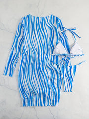 Stripes Print Halter 3 Piece Swimsuit V String Bikini Set