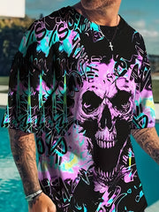 Men's Stylish Skull Graphic T-shirt & Comfy Shorts Set for Outdoor