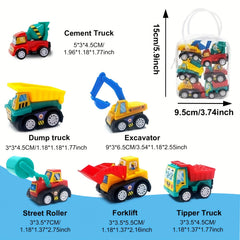 6pcs Mini Inertial Pull Back Engineering Cars Friction Vehicle Toy Set