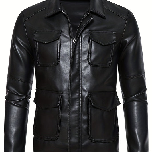 Men's Flap Pockets PU Biker Jacket