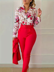 Floral Print V Neck Blouse & Tapered Pants Set