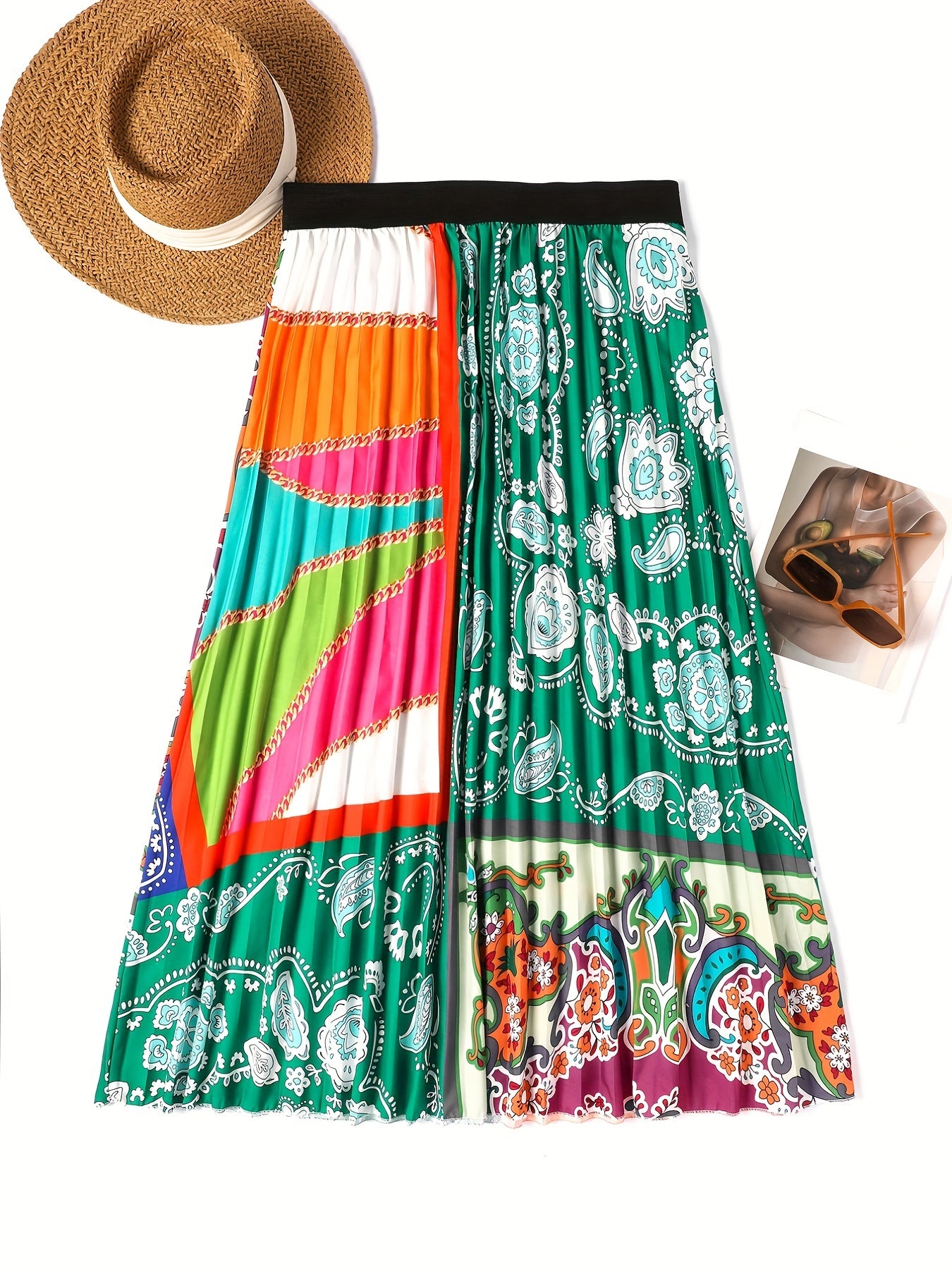 Colorblock Paisley Print Pleated Skirt