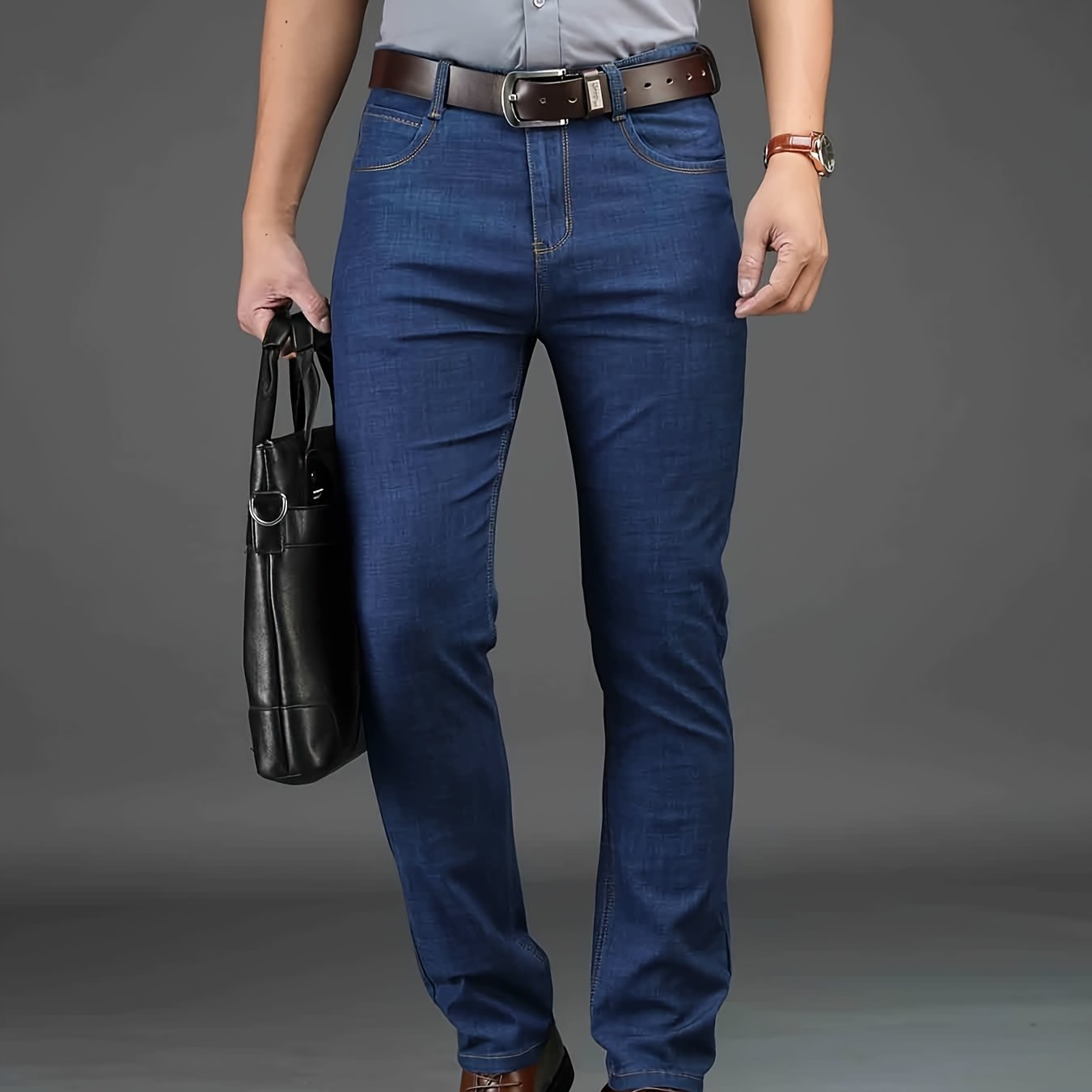 Business Casual Mens Straight Leg Stretch Denim Jeans with Pockets