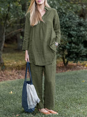 Women's Plus Solid Long Sleeve Shirt & Pants Outfit Set