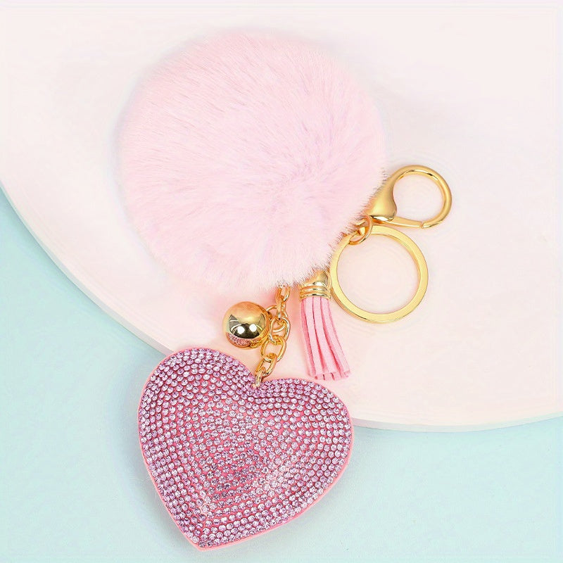Velvet Keychain with Diamond and Wool Ball for Women's Bag