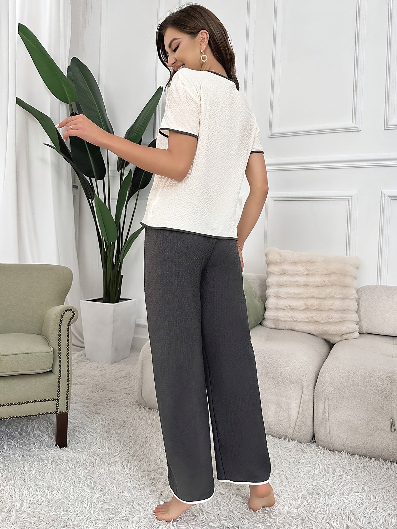 Textured Pajama Set Short Sleeve Top & Elastic Waistband Pants