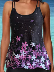 Floral Print Tankini Set Round Neck Boxer Short Bottom Swimsuit
