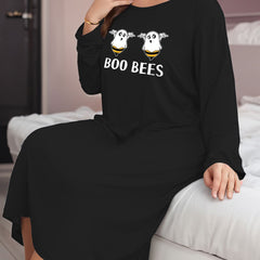 Halloween Ghost Bee & Letter Print Long Sleeve Round Neck T-shirt