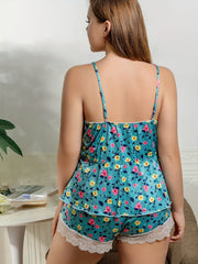 Floral Print Lace Trim Pajama Set Plus Size