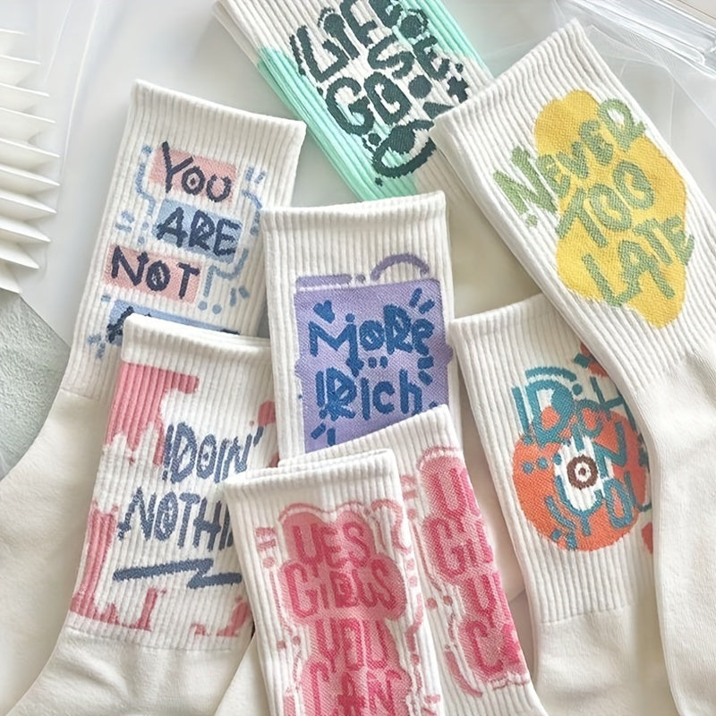 7 Pairs Letter Print Socks Comfy & Breathable Mid Tube Socks Women's Stockings