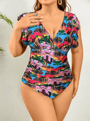 Swimsuit Women's Plus Print V Neck Ruffle Trim Bathing Suit