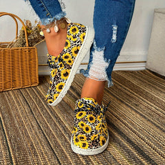 Leopard & Sunflower Print Canvas Lace-up Low Top Shoes Lightweight Outdoor