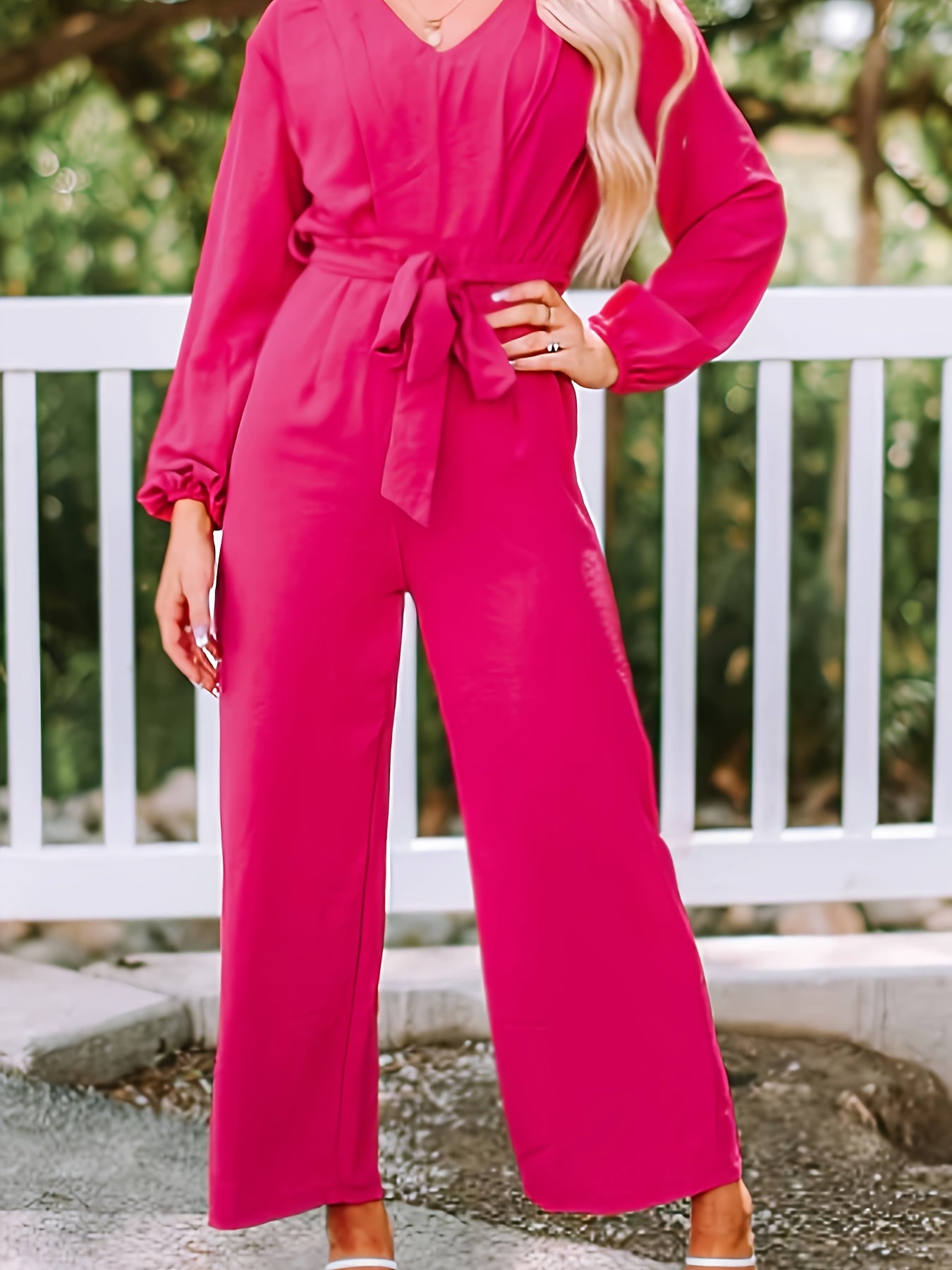 Solid Lantern Sleeve Wide Leg Jumpsuit With Belt
