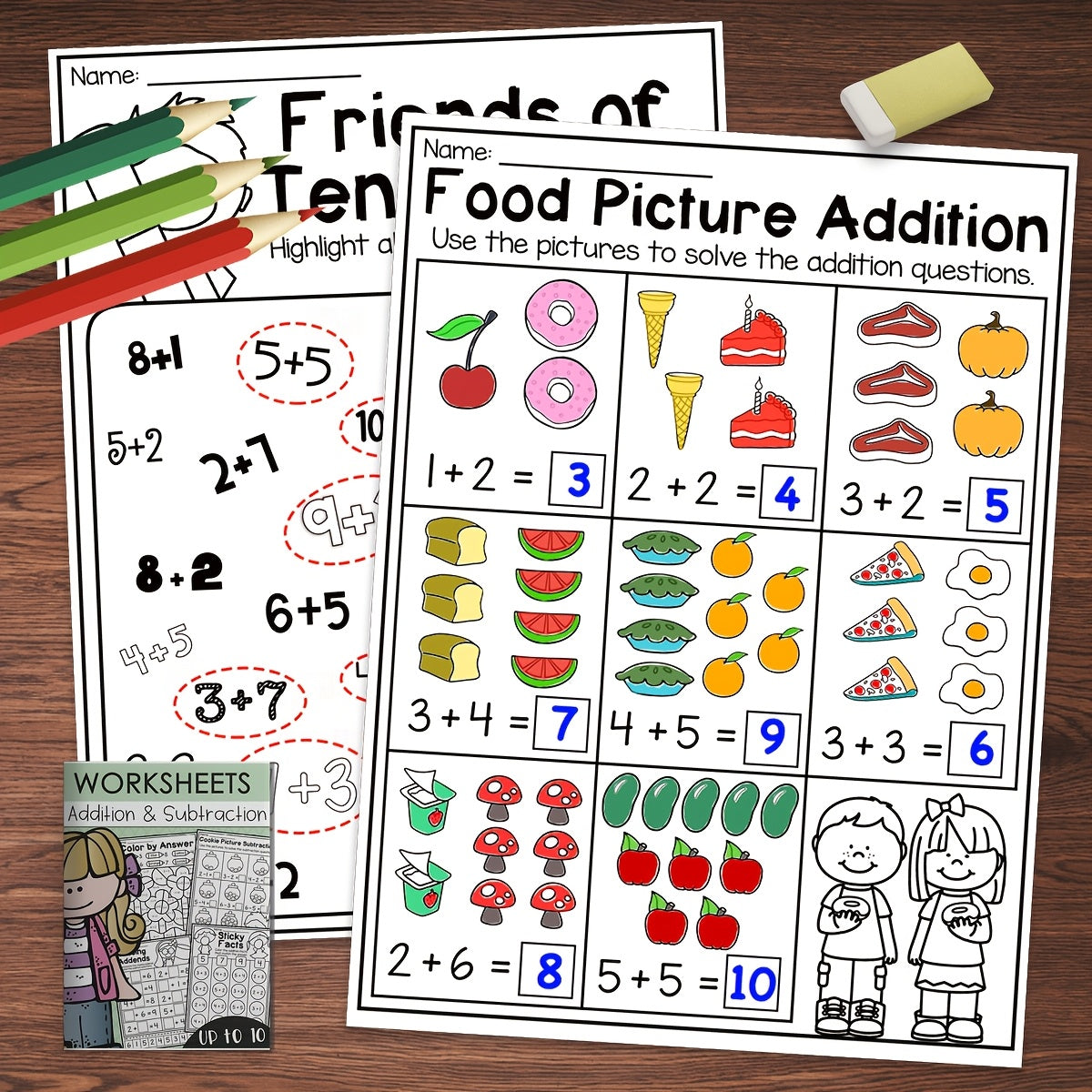 Fun Math Workbook Addition & Subtraction Friends of Ten Food Pictures
