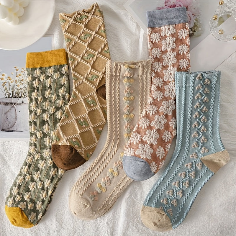 6 Pairs 3D Floral Textured Socks Retro Style Mid Tube Women's Stockings