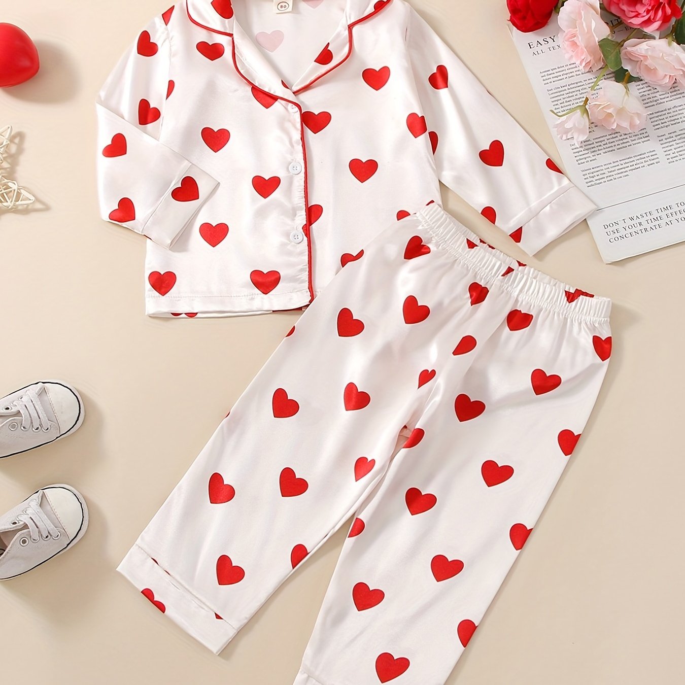 Girls' Cotton Heart Print Pajama Set V Neck Long Sleeve Shirt & Pants