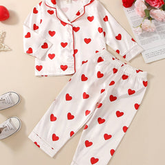 Girls' Cotton Heart Print Pajama Set V Neck Long Sleeve Shirt & Pants