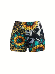 Letter & Sunflower Print Skinny Shorts