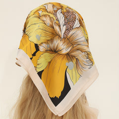Goldfish Flower Print Bandana Yellow Satin Scarf for Women