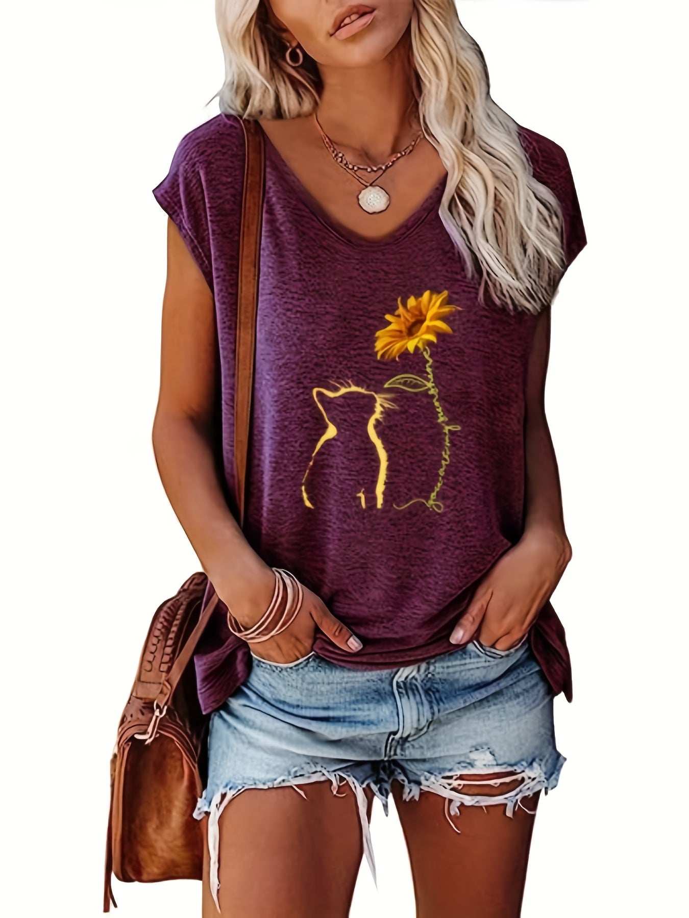 Cat & Sunflower Print Tank Top Cap Sleeve Women's Summer Casual Top