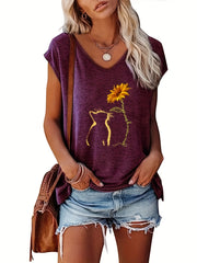 Cat & Sunflower Print Tank Top Cap Sleeve Women's Summer Casual Top