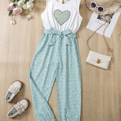 Girls Ditsy Heart Print Sleeveless Jumpsuit for Kids Summer