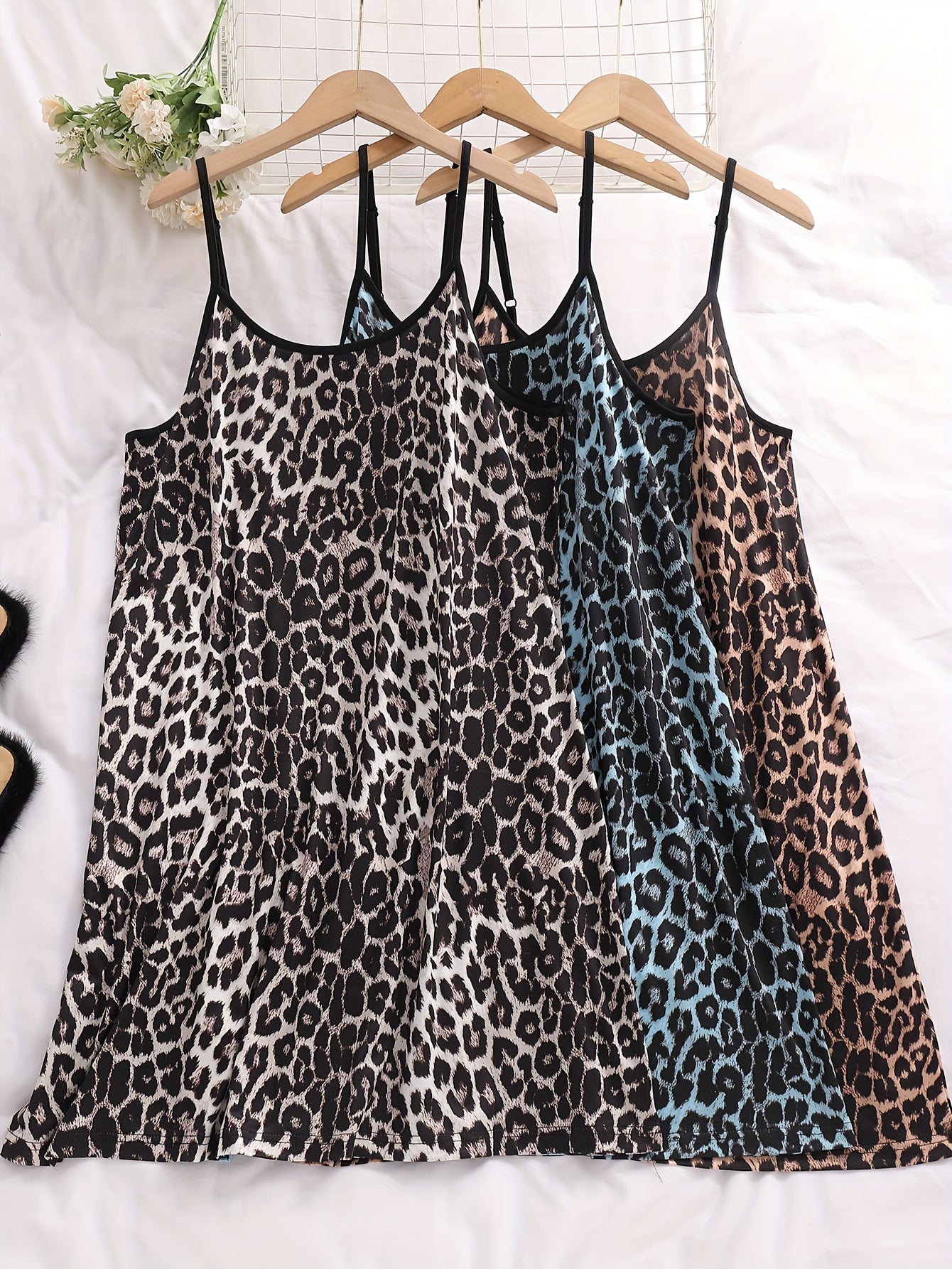 3 Pack Plus Size Sexy Nightdress Set Leopard Print Round Neck Contrast Trim