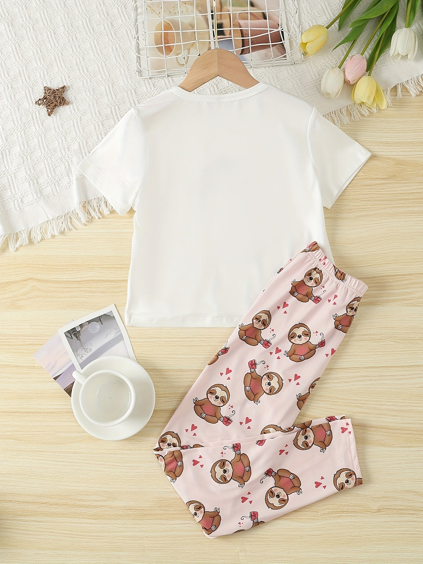 Girls Sloth Graphic T-shirt & Pants Set, Summer Holiday Kids Clothes