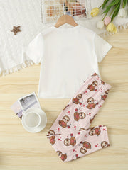 Girls Sloth Graphic T-shirt & Pants Set, Summer Holiday Kids Clothes