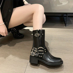 Women's British Style Combat Boots Chunky Heel Cowboy Boots