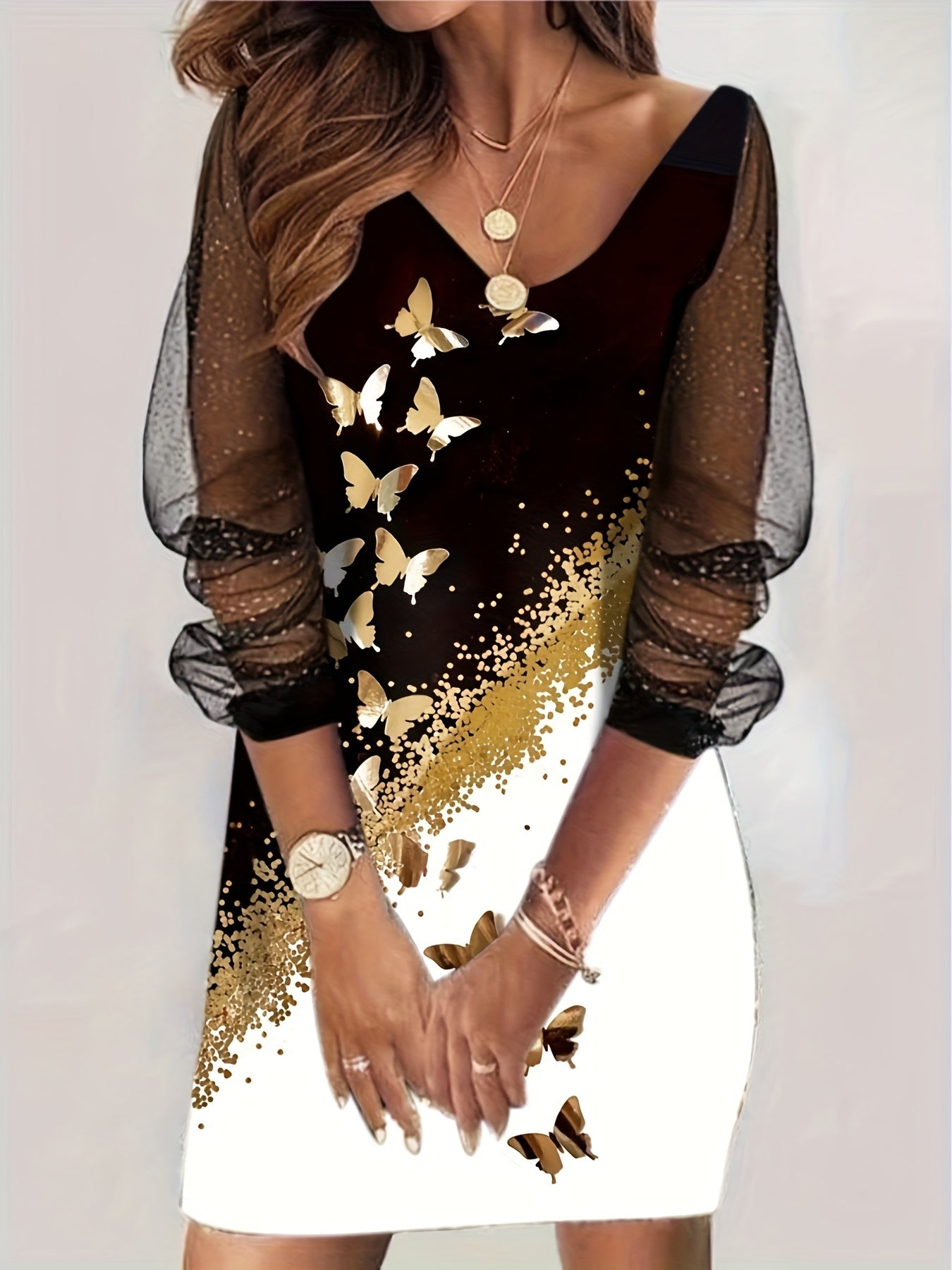 Women's Plus Golden Butterfly & Dot Print Mesh Sleeve V Neck Dress