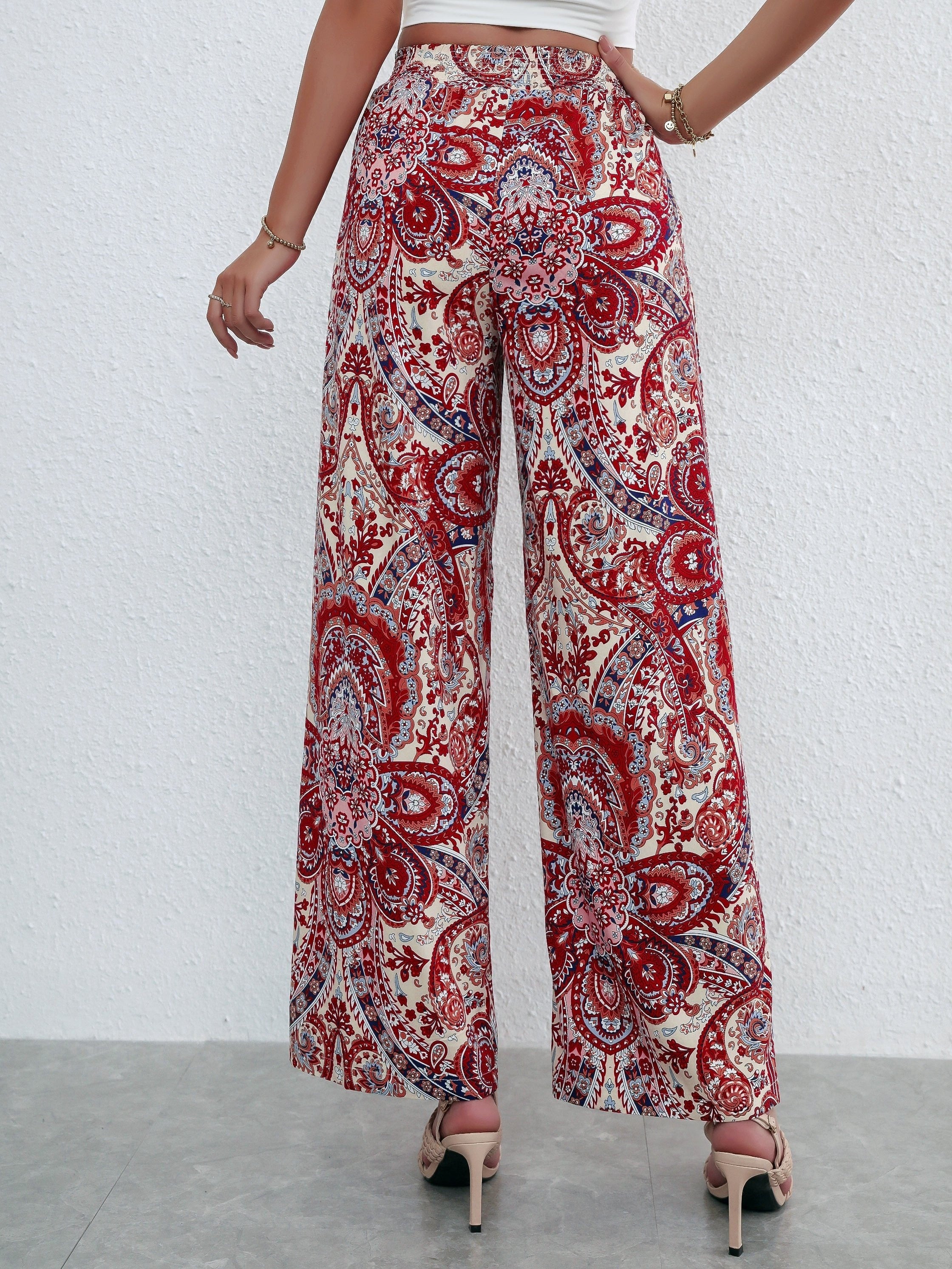 Boho Paisley Print Wide Leg Pants with Shirred Waist